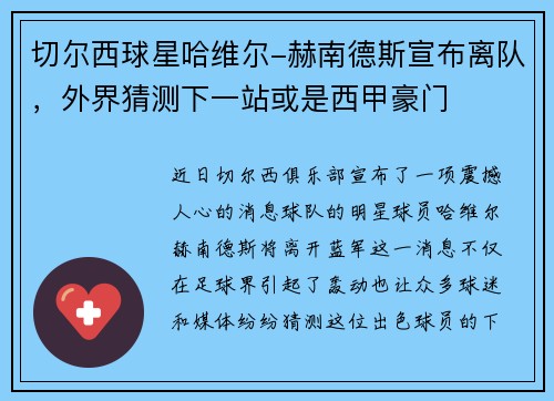 切尔西球星哈维尔-赫南德斯宣布离队，外界猜测下一站或是西甲豪门